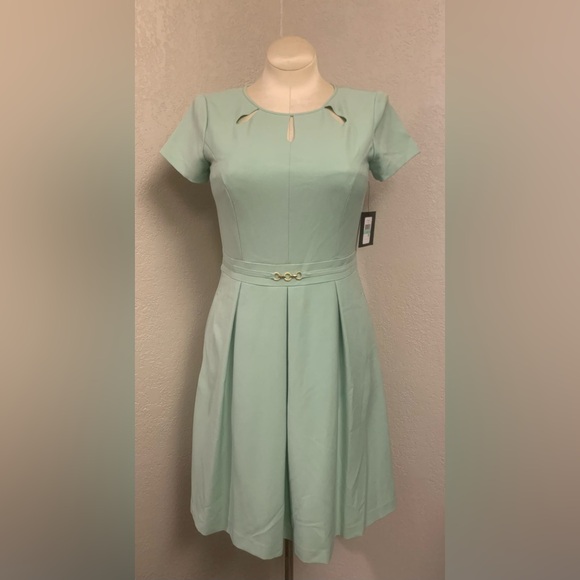 NEW Ellen Tracy Ladies 8 Mint Green Midi Dress Short Sleeve Fit & Flare Cutout - Picture 1 of 11